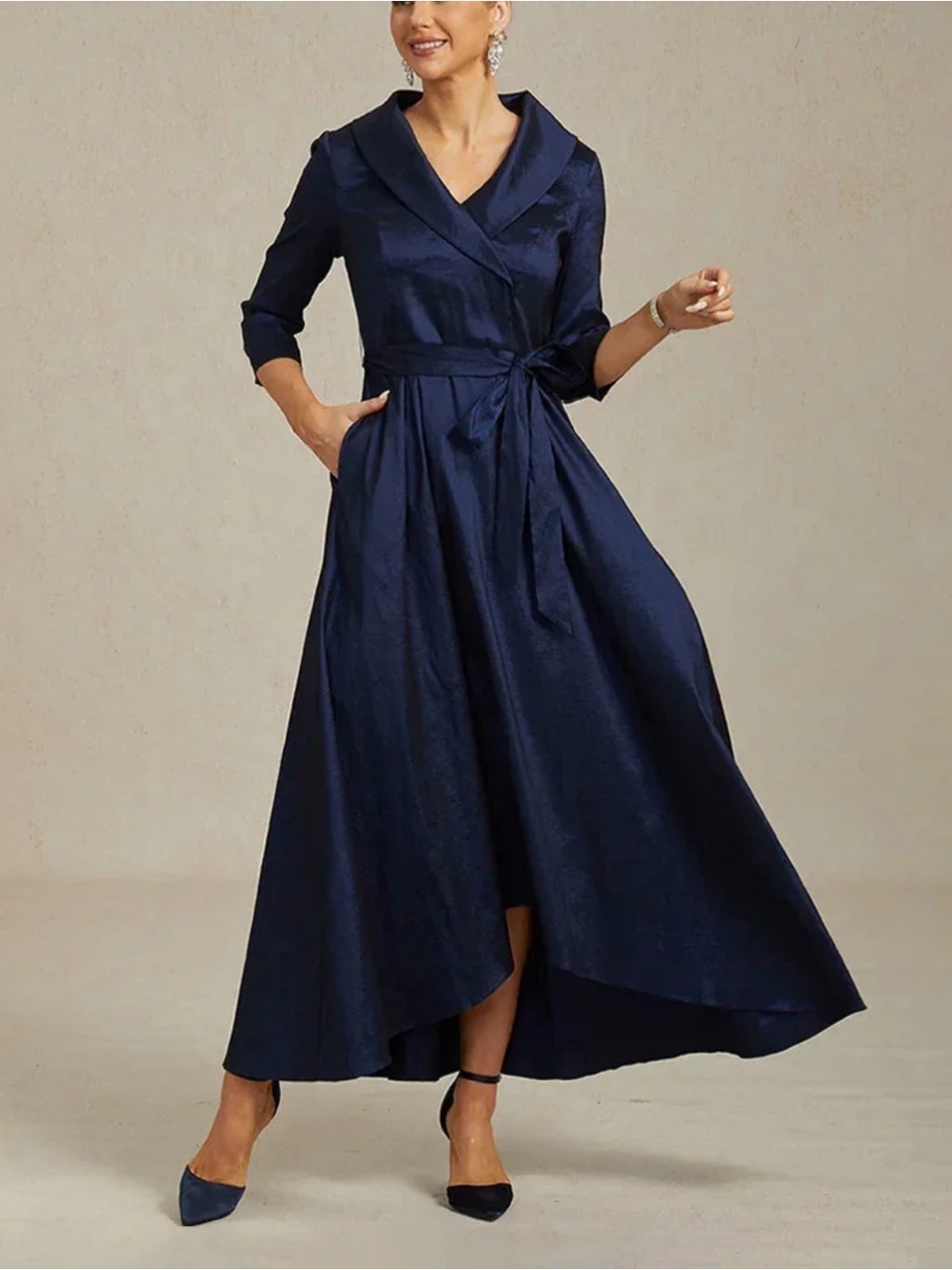 MsGlamor High Low Taffeta Cocktail Dress with Tie Belt Navy Large NWT